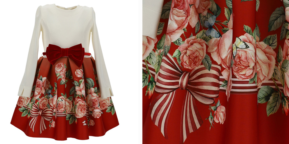 Elegancka sukienka z welurowym paseczkiem z kokardką, dół w czerwone kwiaty.